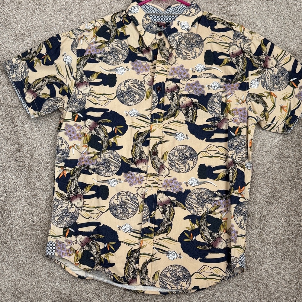 Men's Beige Floral Koi Pattern Short-Sleeve Button-Down Shirt